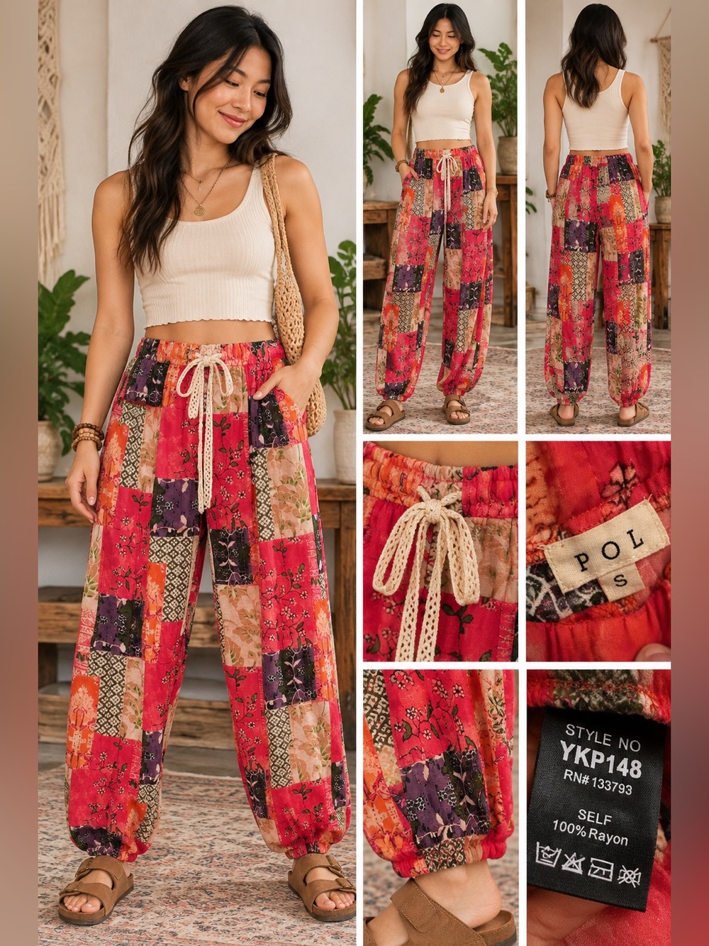 POL Patchwork Joggers Size S Pink Orange Boho Drawstring Pants